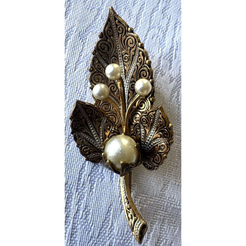 Vintage Spain Gold Tone Ornate Filigree Faux Pearl Brooch